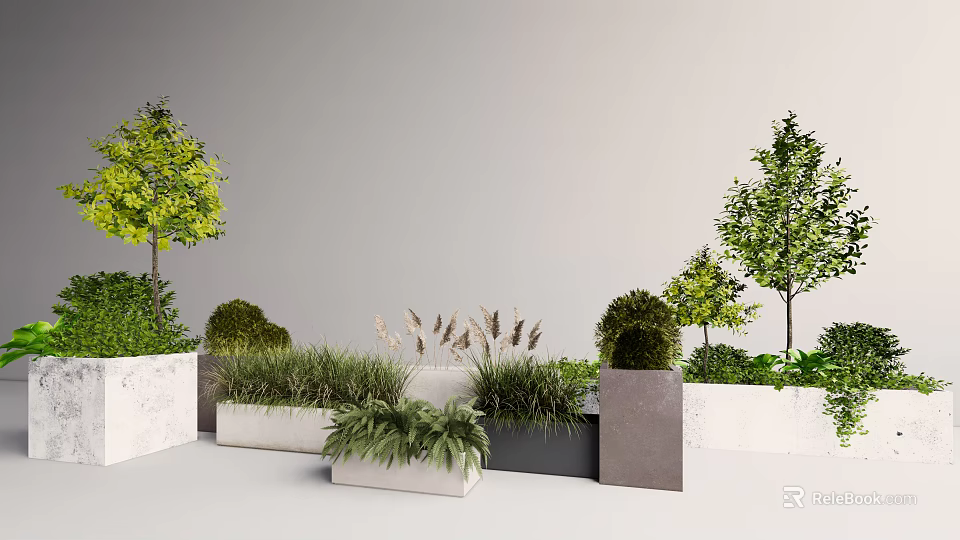 Modern Tree Planter Design With Various Trees Shrubs And Grasses In Urban Green Space 3d model 