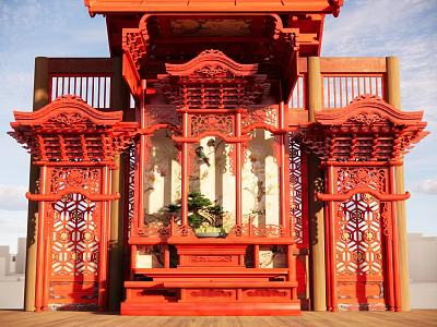 Traditional Chinese Red Garden Ornament With Carved Pavilion Structure And Green Plants 3d model