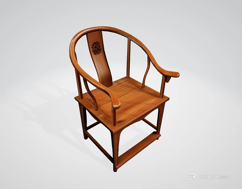 Traditional Wooden Single Chair with Curved Backrest and Intricate Carving Design 3d model 