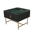 Modern Bedside Table Featuring Teal Brown Marble Top Black Drawer White Stitching And Brass Legs