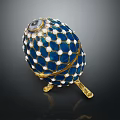 Animal Inspired Decorative Egg With Blue Enamel Gold Mesh And Pearl Details