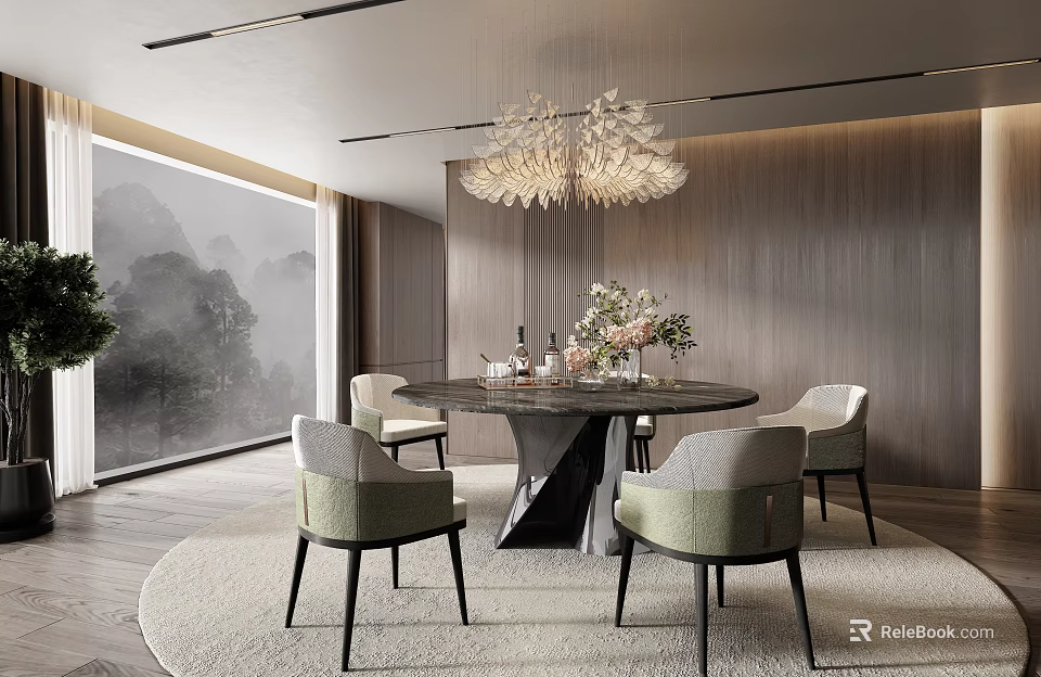 Modern Restaurant Dining Area With Round Table Chairs Chandelier Flower Arrangement And Scenic Window 3d model 