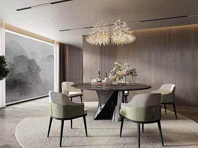 Modern Restaurant Dining Area With Round Table Chairs Chandelier Flower Arrangement And Scenic Window 3d model