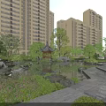 Scenic Garden Landscape With Residential Buildings Pavilion Pond Stone Bridge And Greenery