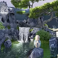 Rockery Stones as Centerpiece in Serene Garden with Waterfall Pond Pine Tree and Stone Lantern