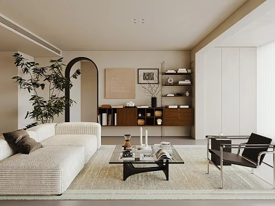 Modern Living Room With Beige Sofa Black Coffee Table Green Plant Bookshelf And Arched Doorway 3d model