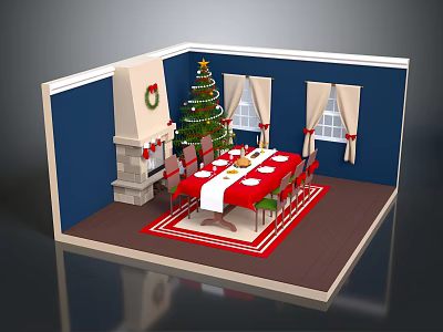 Cartoon Christmas Dining Room Scene With Tree Fireplace And Decorated Table 3d model