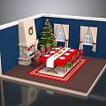 Cartoon Christmas Dining Room Scene With Tree Fireplace And Decorated Table
