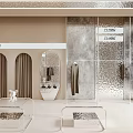 Modern Clothing Store Interior With Metallic Walls Mirror Display And Glass Tables