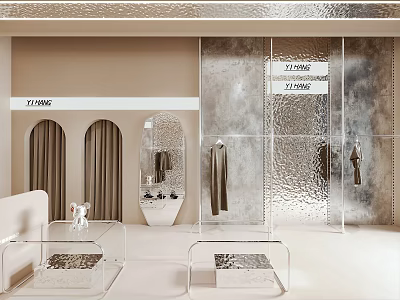 Modern Clothing Store Interior With Metallic Walls Mirror Display And Glass Tables 3d model