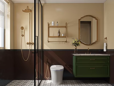 Modern Bathroom Interior With Glass Shower Green Vanity Oval Mirror And Patterned Tiles 3d model