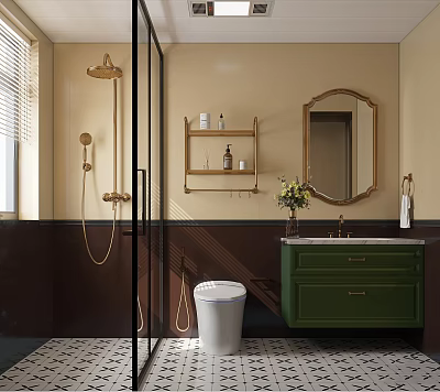 Modern Bathroom Interior With Glass Shower Green Vanity Oval Mirror And Patterned Tiles 3d model