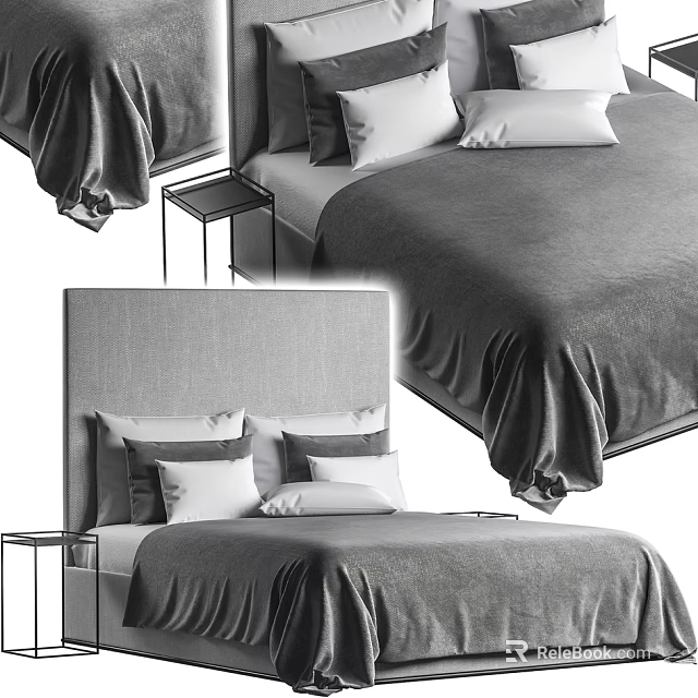 Modern Double Bed With Upholstered Headboard Decorative Pillows And Nightstand 3d model