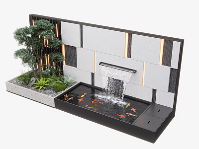 Modern Water Fountain Design With Flowing Water Koi Fish Greenery And Background Wall 3d model