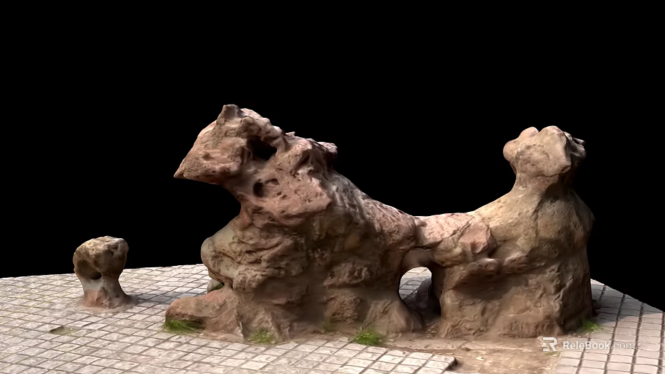 Rockery Stones With Natural Holes And Unique Shape On Brick Pavement With Grass 3d model 