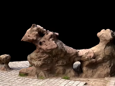 Rockery Stones With Natural Holes And Unique Shape On Brick Pavement With Grass 3d model