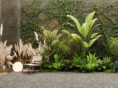 Lush Greenery With Ivy Covered Wall Leafy Plants Ferns And Pampas Grass On Gravel Ground 3d model