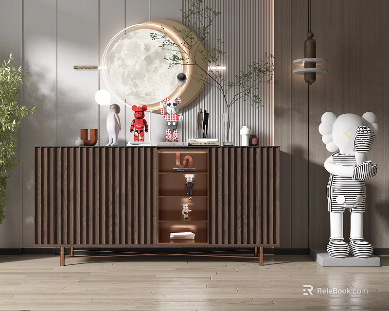 Wooden Entryway Cabinet And Sideboard With Circular Mirror Decorative Items Green Plant Art Statue 3d model 