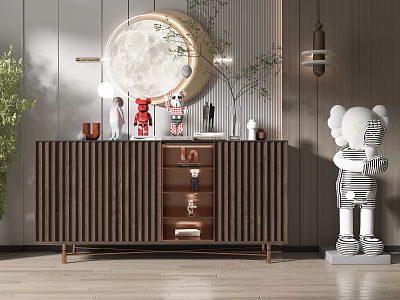Wooden Entryway Cabinet And Sideboard With Circular Mirror Decorative Items Green Plant Art Statue 3d model