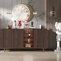 Wooden Entryway Cabinet And Sideboard With Circular Mirror Decorative Items Green Plant Art Statue