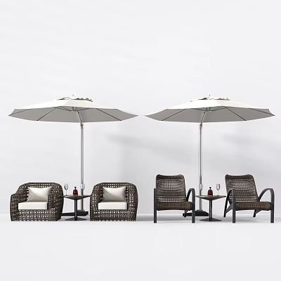 Outdoor Table with Wicker Chairs Umbrellas Wine Glasses and Bottles in Patio Setting 3d model