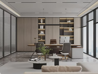 Modern Office Interior Design With Desk Shelves Ergonomic Chairs Green Plant And Windows 3d model
