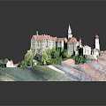 Modern Architectural Model Scene With Castle Building Green Hillside And River 3d model