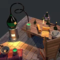 Cartoon Alchemist Workshop Scene With Bookshelf Wooden Table Chair Distillation Apparatus Bottles Bowls And Bread