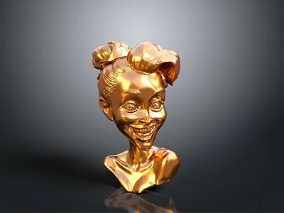 Golden Sculpted Bust With Intricate Hairstyle And Smiling Face On Dark Background 3d model