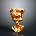 Golden Sculpted Bust With Intricate Hairstyle And Smiling Face On Dark Background