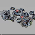 Discarded Tires And Plastic Bags Scattered On Ground With Small Debris