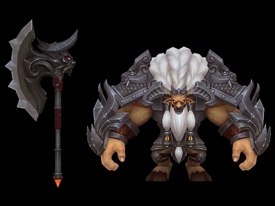 Fantasy Game Character With White Fur Armored Muscular Build And Battle Axe Design 3d model