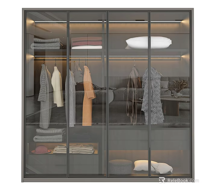 Modern Glass Door Wardrobe Interior With Hanging Clothes Folded Garments And Pillows 3d model 