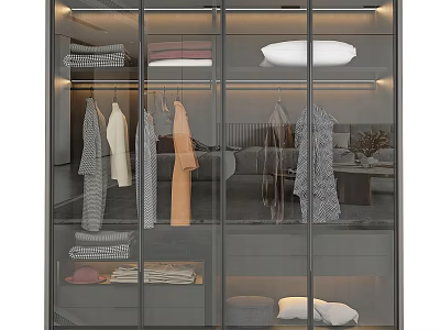 Modern Glass Door Wardrobe Interior With Hanging Clothes Folded Garments And Pillows 3d model