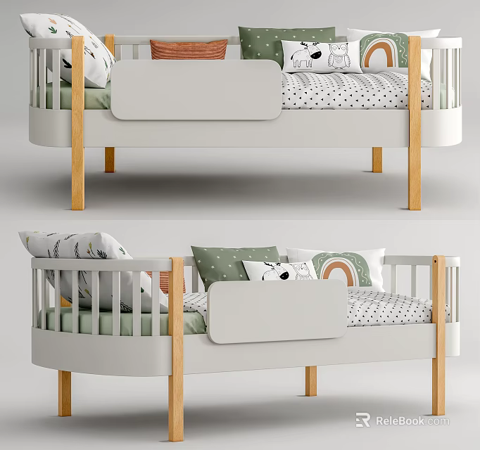 Kids Bed With Wooden Legs Safety Rail Colorful Pillows And Rainbow Polka Dot Sheets 3d model 