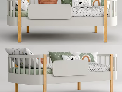 Kids Bed With Wooden Legs Safety Rail Colorful Pillows And Rainbow Polka Dot Sheets 3d model