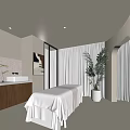 SPA Sauna Interior With Massage Bed Wooden Cabinets Potted Plant Large Windows And Soft Lighting