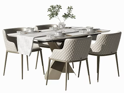 Elegant Dining Table Set with Quilted Chairs Table Runner Tableware and Green Plant 3d model