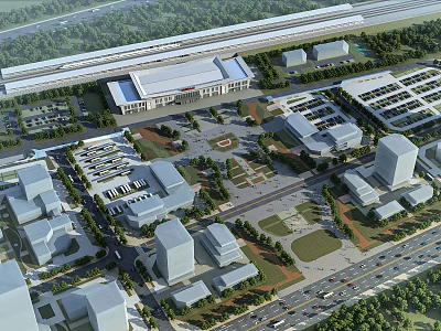 Modern Urban Plaza Landscape With Surrounding Buildings Roads Parking Areas And Green Spaces 3d model