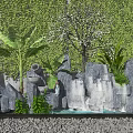 Garden Ornament With Green Plant Wall Stone Landscape Small Waterfall Pool And Diverse Plants
