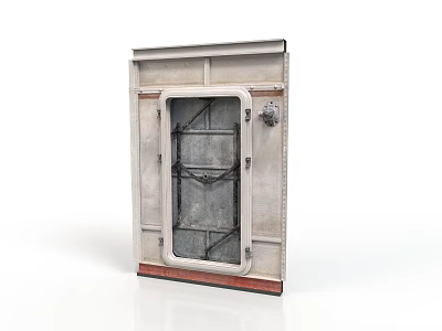 Vintage Industrial Metal Door With Grid Window And Red Bottom Trim 3d model