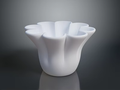 Fresh Green Plants In White Petal Shaped Vase On Dark Reflective Surface 3d model