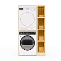 Light Wooden Bathroom Cabinet Rack With Stacked Washing Machine Dryer And Multiple Shelves