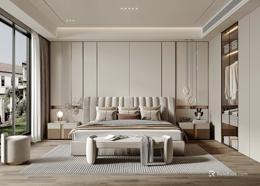 Modern Bedroom Interior Design With Upholstered Headboard Floor-to-Ceiling Windows Striped Rug And Bench 3d model 