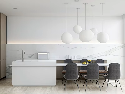 Modern Open Kitchen Bar Counter With White Countertop Marble Backsplash Spherical Pendant Lights Gray Chairs 3d model