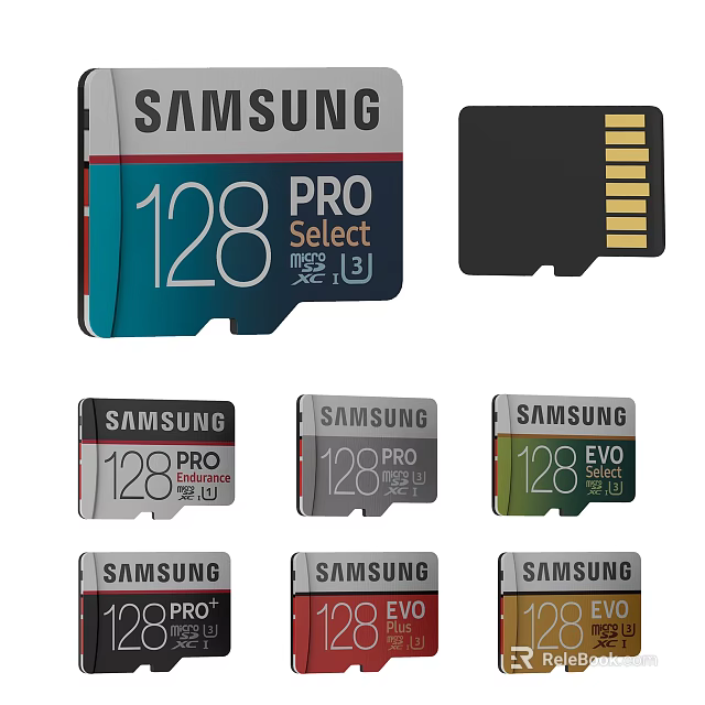 Various Samsung Memory Cards Including 128GB 100GB PRO Select and EVO Models 3d model