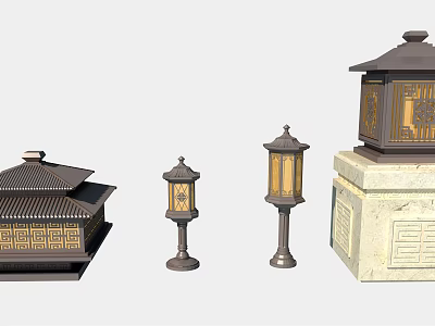Outdoor Lights With Traditional Lantern Design And Column Style Stone Base 3d model