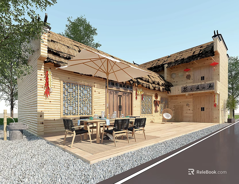 Rustic Thatched House Featuring Wooden Walls Thatched Roof Outdoor Terrace Table Chairs And Trees 3d model 