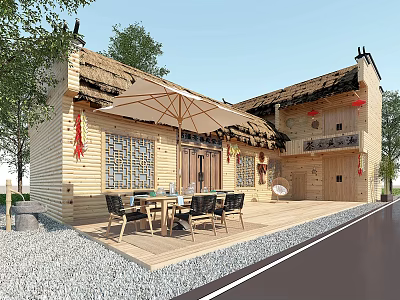 Rustic Thatched House Featuring Wooden Walls Thatched Roof Outdoor Terrace Table Chairs And Trees 3d model