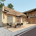Rustic Thatched House Featuring Wooden Walls Thatched Roof Outdoor Terrace Table Chairs And Trees